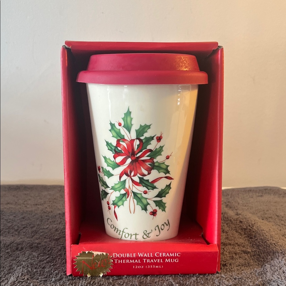 Lenox Red and Green Ceramic Travel Mug New in Box